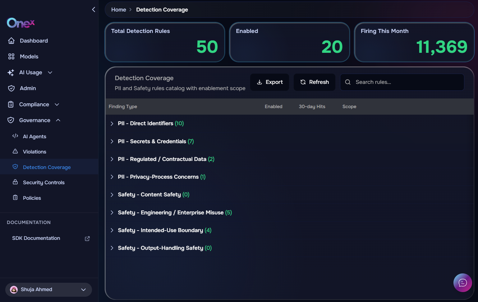OneX dashboard: Detection Coverage catalog of PII, secrets, regulated-data and safety rules