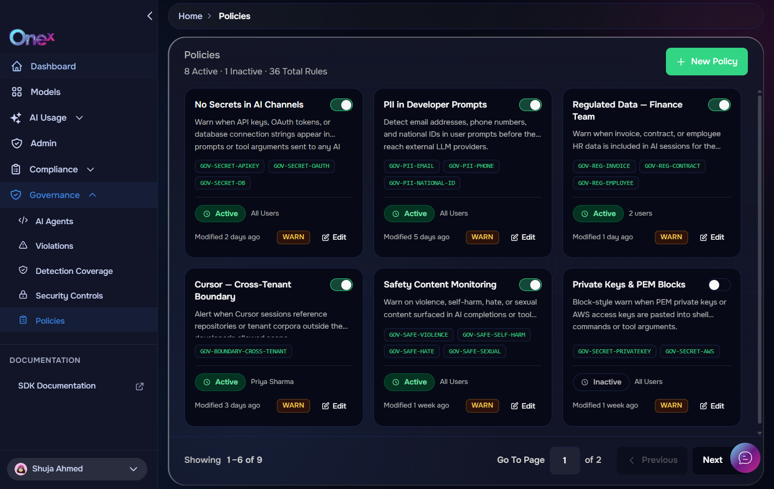 OneX dashboard: Policies with active warn rules and notifications