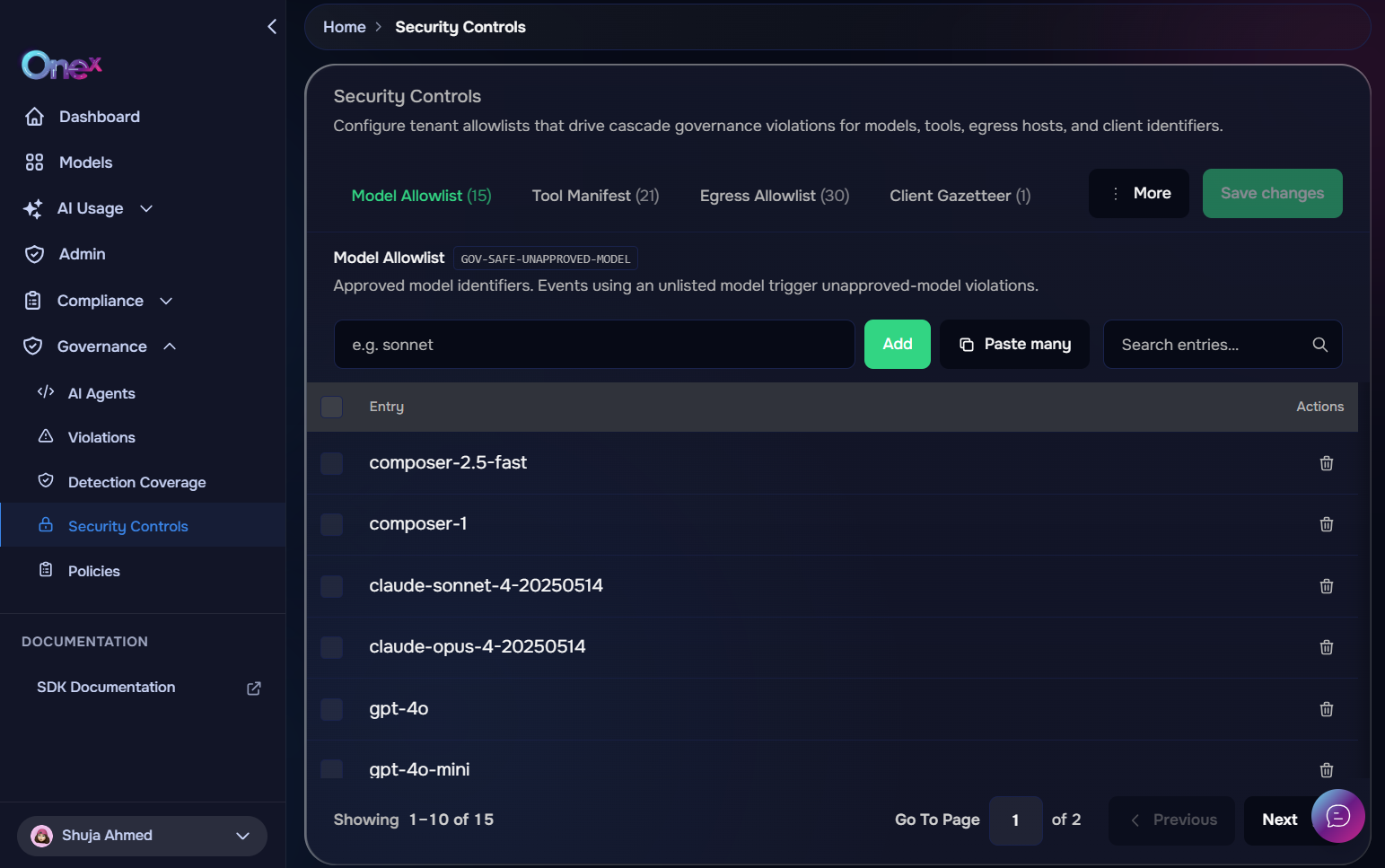 OneX dashboard: Security Controls allowlists for approved models, tools, egress hosts and tenants