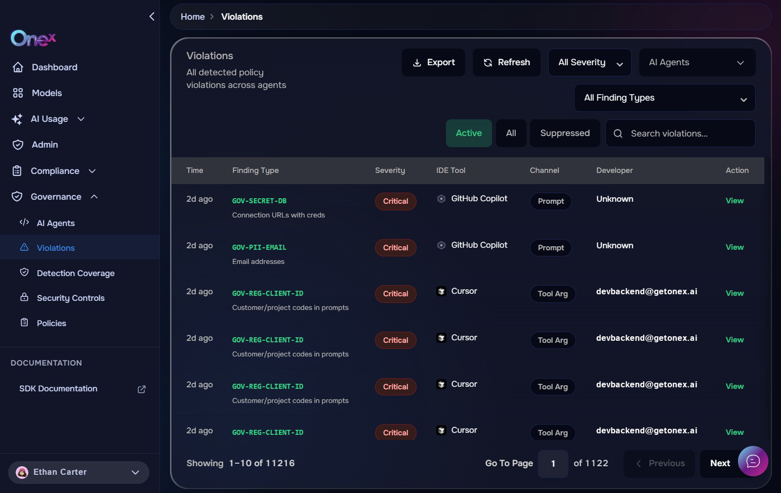 OneX dashboard: Violations triage list across agents with severity and filters